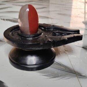 A two-toned oval Shiva Lingam placed in the center of a black circular Jaladhari base, with water droplets visible on the surface.