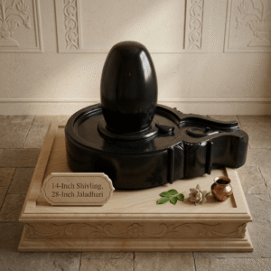 A polished black stone Shivling resting on a 28-inch Jaladhari base, displayed on a carved stone platform with a small metal vessel and flower offerings.